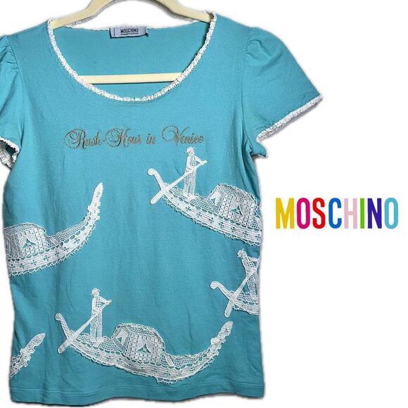 Moschino “Rush Hour in Venice” Light Blue Crochet Detailed Tee - Size Small - Picture 1 of 8